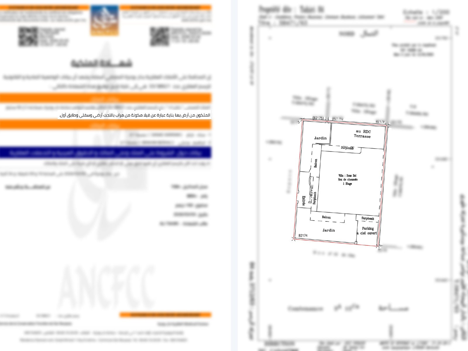 Après : certificat de propriété mentionnant la villa et plan cadastral avec la villa dessinée (sous-sol, RDC, 1er étage)