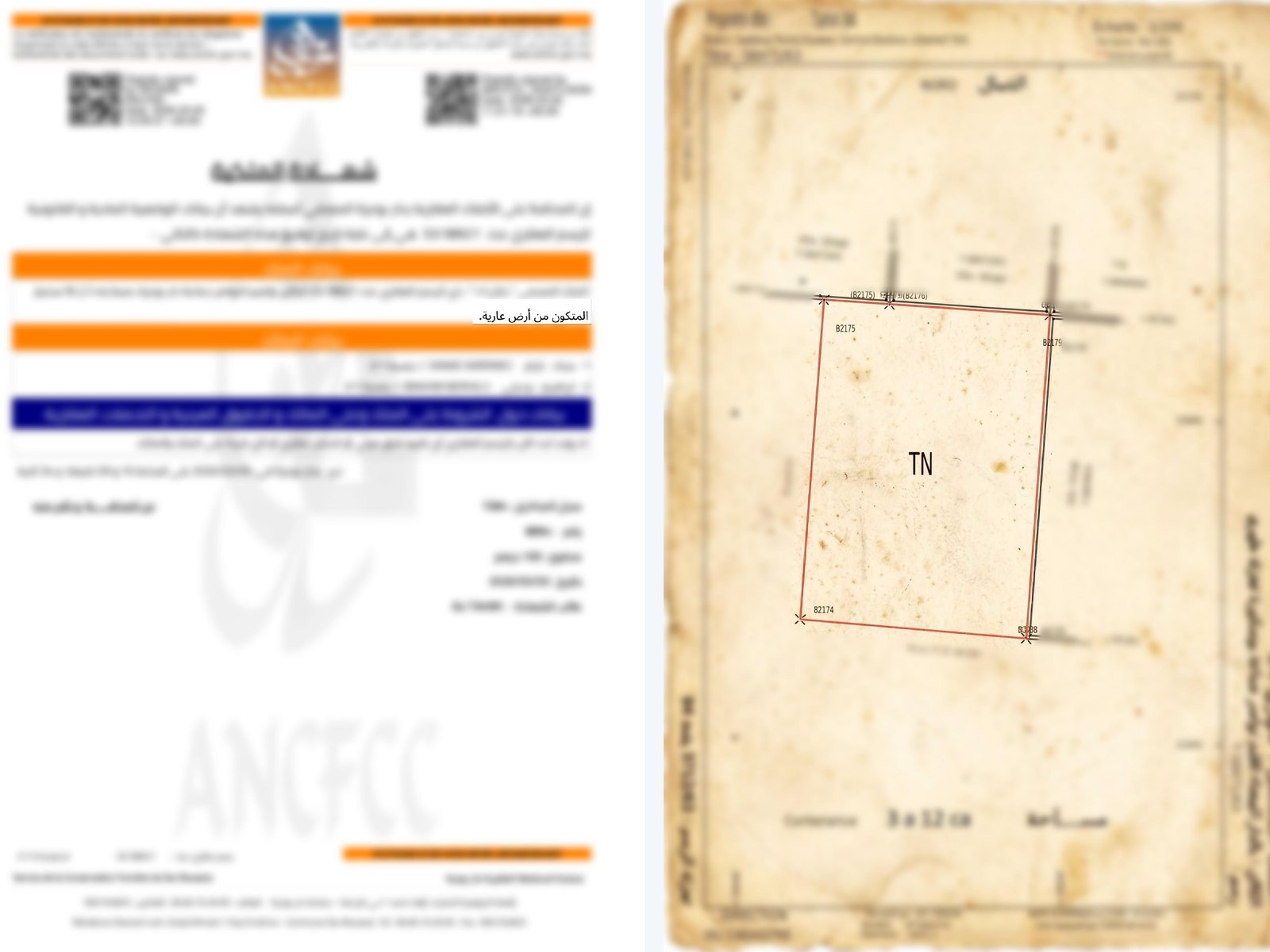 Avant : certificat de propriété « terrain nu » et plan cadastral de la parcelle vide (TN)