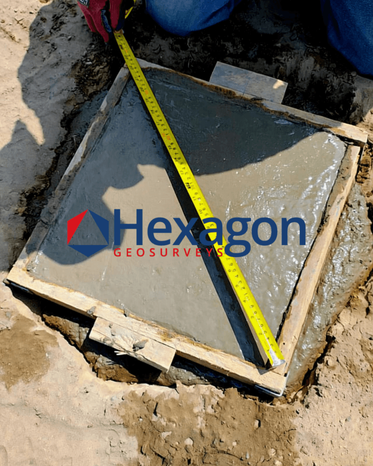 Pose d'un repère géodésique en béton — Hexagon GeoSurveys, Ingénieur Géomètre Topographe