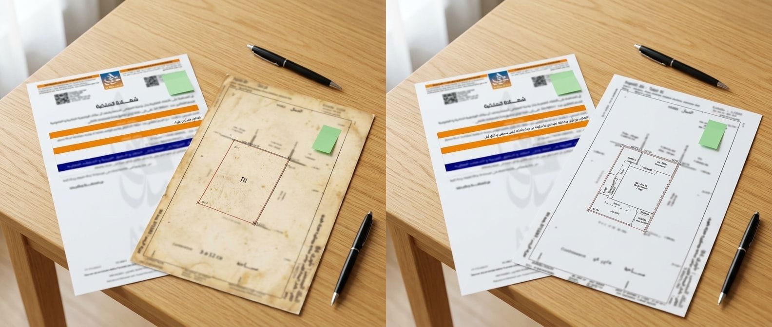 Avant : certificat « terrain nu » et vieux plan. Après : certificat et plan cadastral à jour avec la villa.