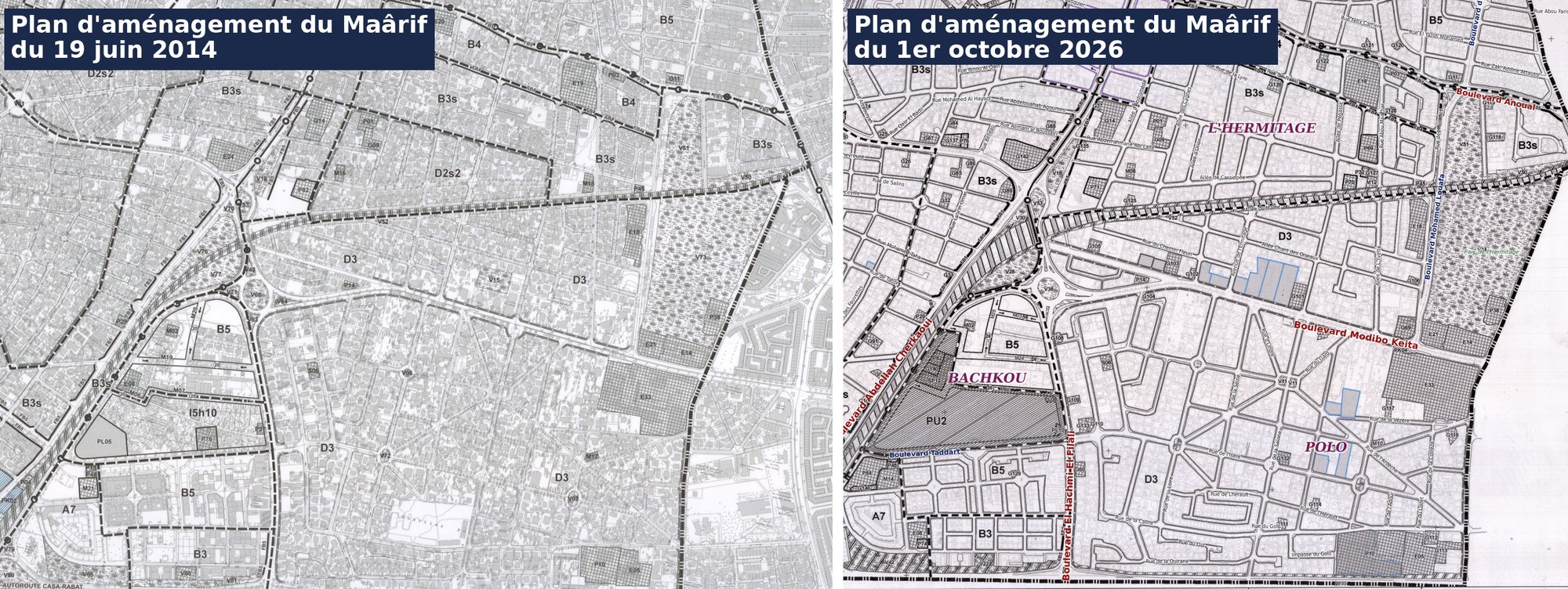 Plan d amenagement Maarif 2014 et 2026 compares — Bachkou I5h10 devient PU2, Polo et Oasis restent en D3, Hermitage en B3s
