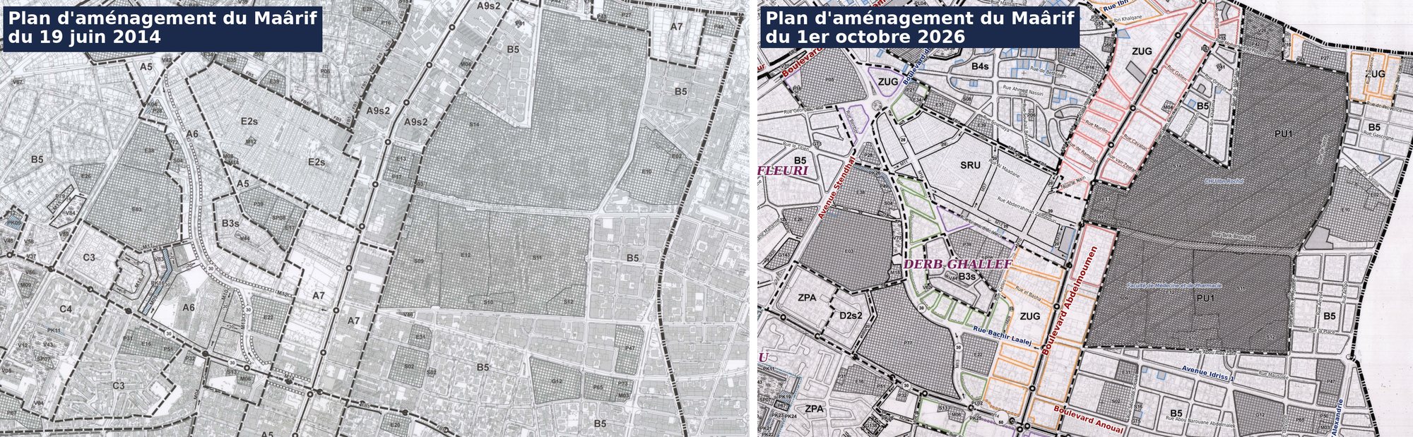 Plan d amenagement Maarif 2014 et 2026 compares — Derb Ghallef E2s devient SRU, secteur des hopitaux devient PU1, boulevard Abdelmoumen A9s2 et A7 deviennent ZUG