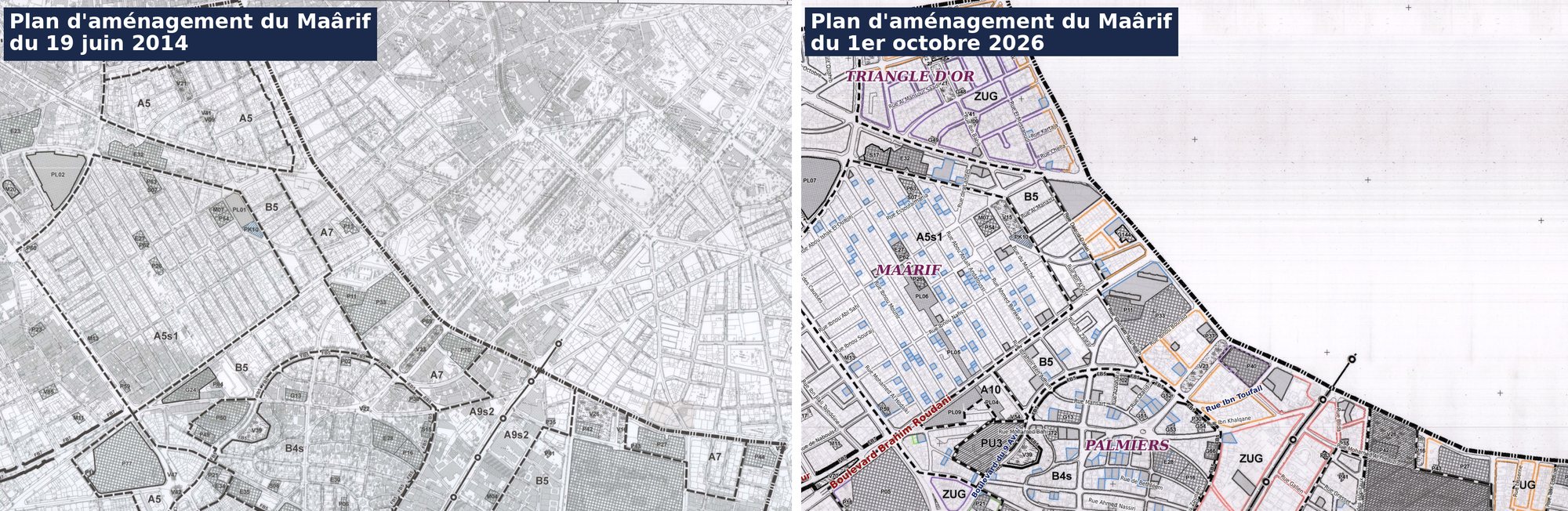 Plan d amenagement Maarif 2014 et 2026 compares — Triangle d Or, A5s1 Maarif, boulevard Zerktouni : A5 et A7 deviennent ZUG avec filets de hauteur