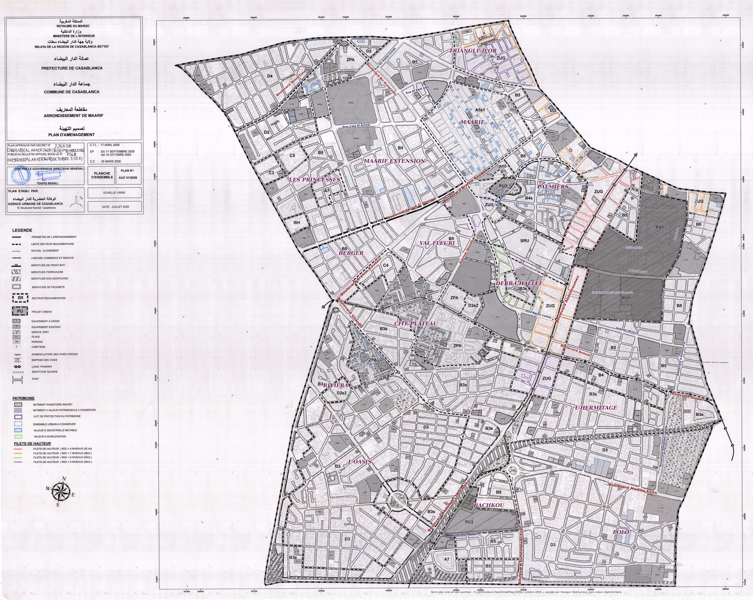 Plan d amenagement Maarif 2026 Casablanca — planche d ensemble AUC 01/2026 annotee avec le nom des rues et des quartiers : Maarif, Triangle d Or, Palmiers, Derb Ghallef, Oasis, Polo, Bachkou, Hermitage