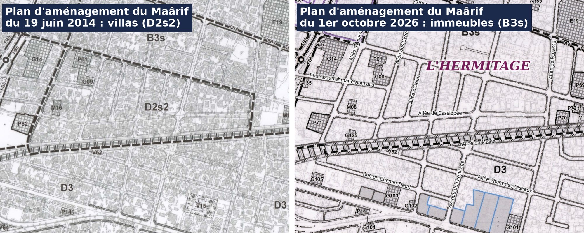 Plan d amenagement Maarif 2026 — Hermitage, secteur de villas D2s2 devenu zone d immeubles B3s au nord de la voie ferree, allee des Cygnes, allee de Cassiopee