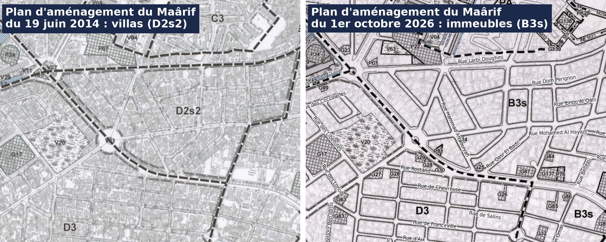 Plan d amenagement Maarif 2026 — secteur de villas D2s2 entre la Cite Plateau et l Oasis devenu zone d immeubles B3s, rue Larbi Doughmi, rue Rostand